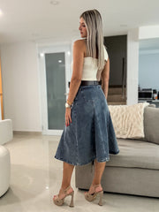 DENIM BELTED STRETCHY MIDI SKIRT