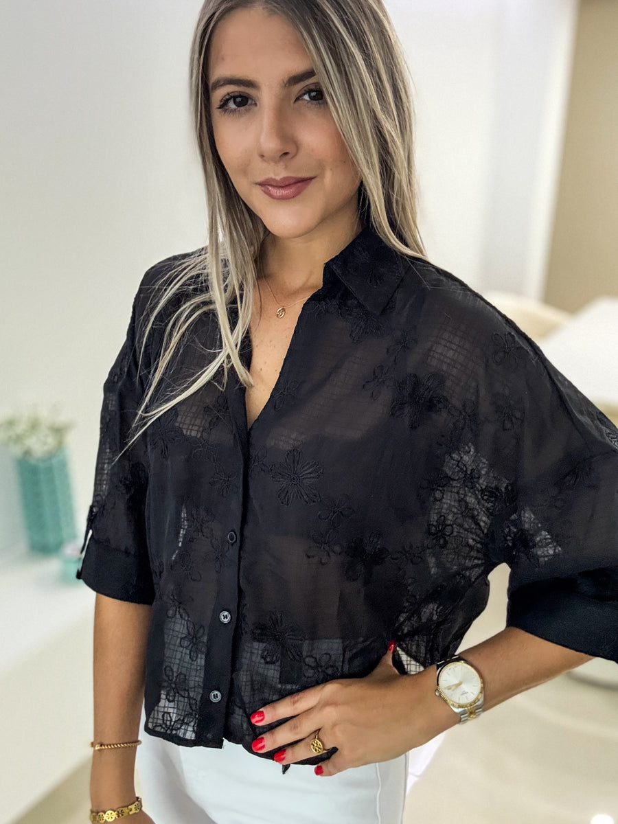 BLACK FLORAL SHEER BLOUSE