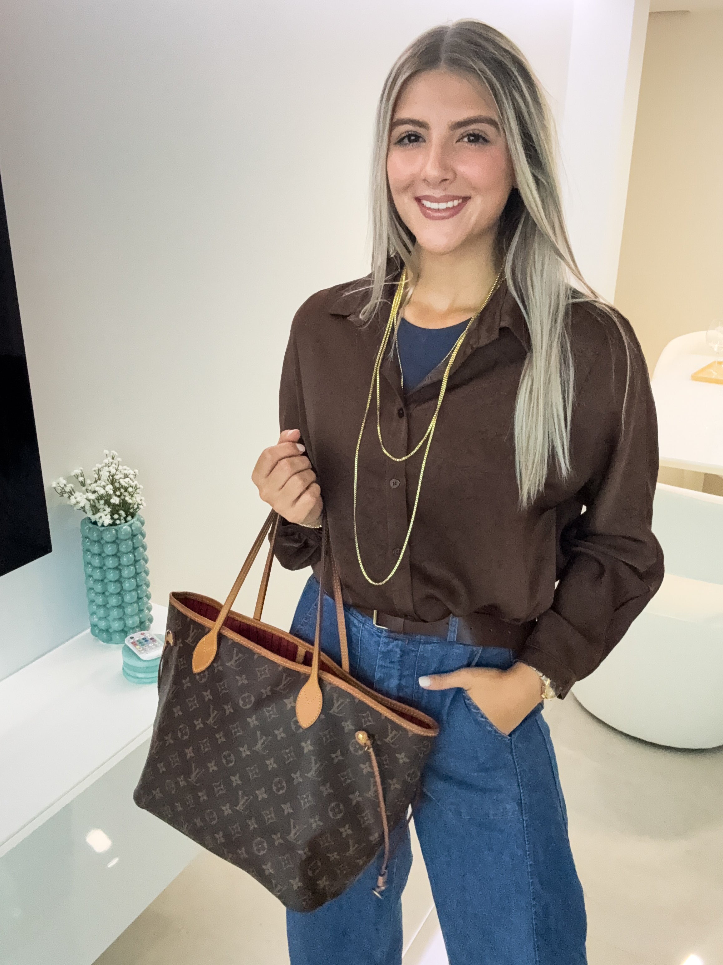 BROWN SATIN ADJUSTABLE LONG SLEEVES BLOUSE