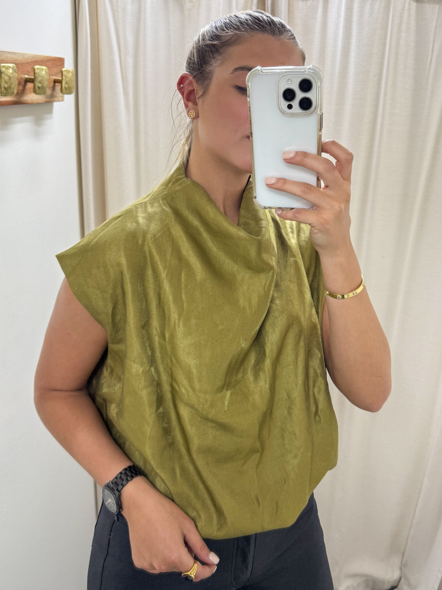 OLIVE SATIN MOCK NECK BLOUSE