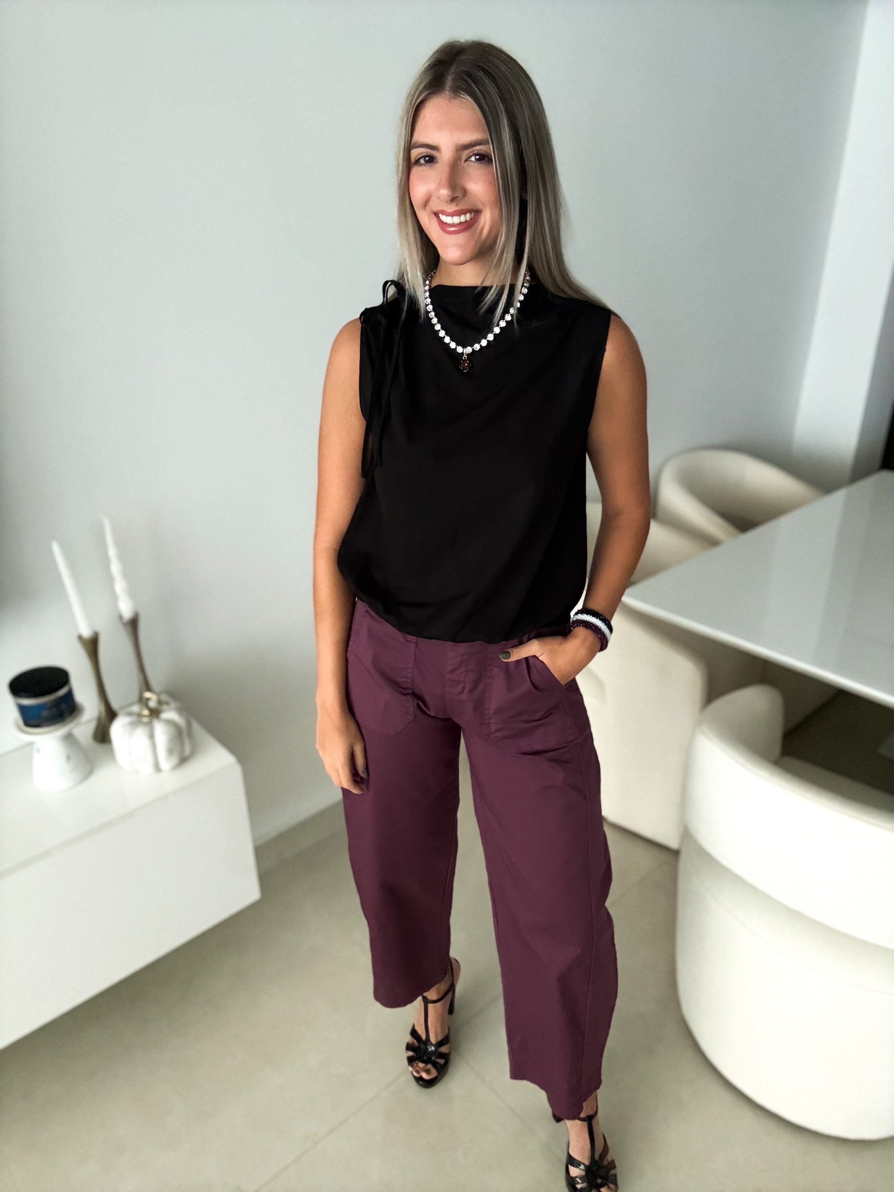 BLACK MOCK CINCHED BLOUSE