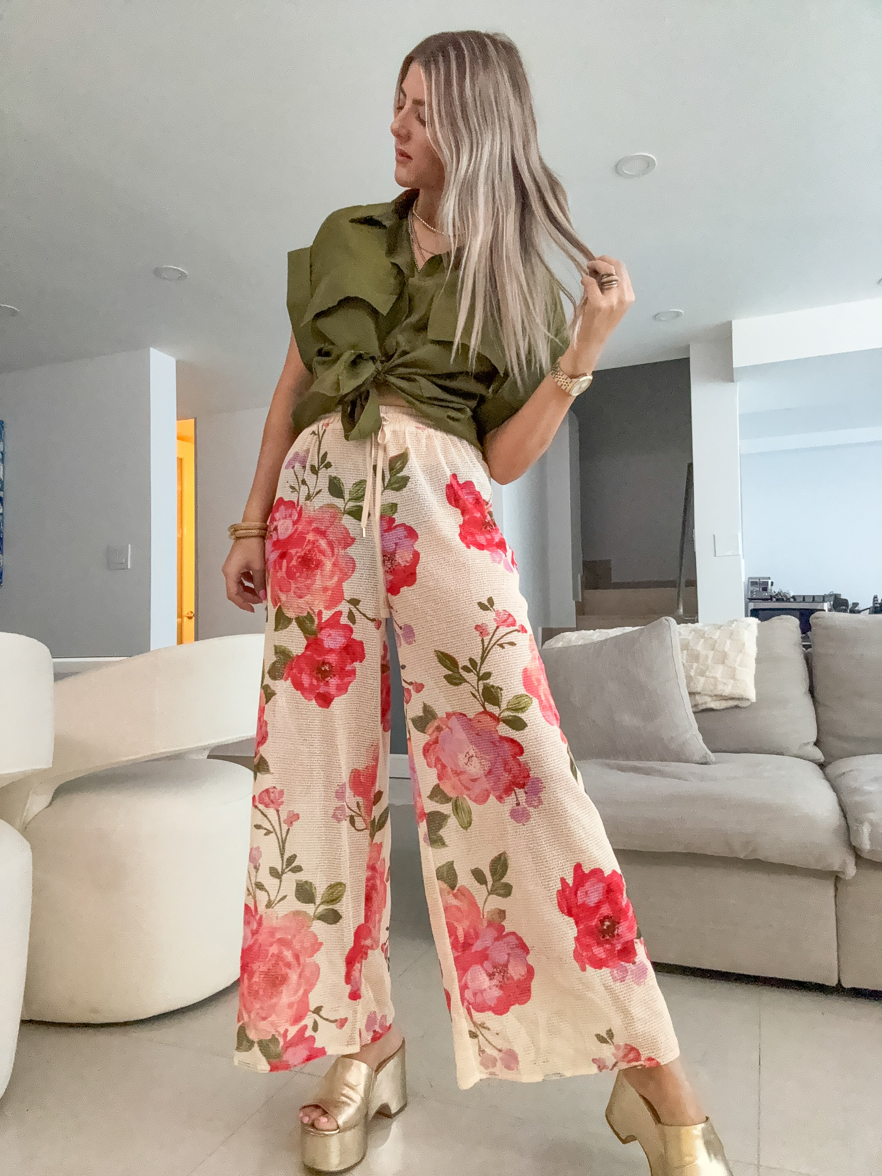 OLIVE SHEER FRONT POCKET BLOUSE