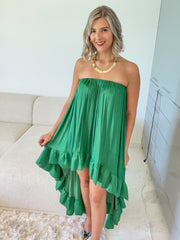 KELLY GREEN SATIN STRAPLESS HIGH LOW DRESS