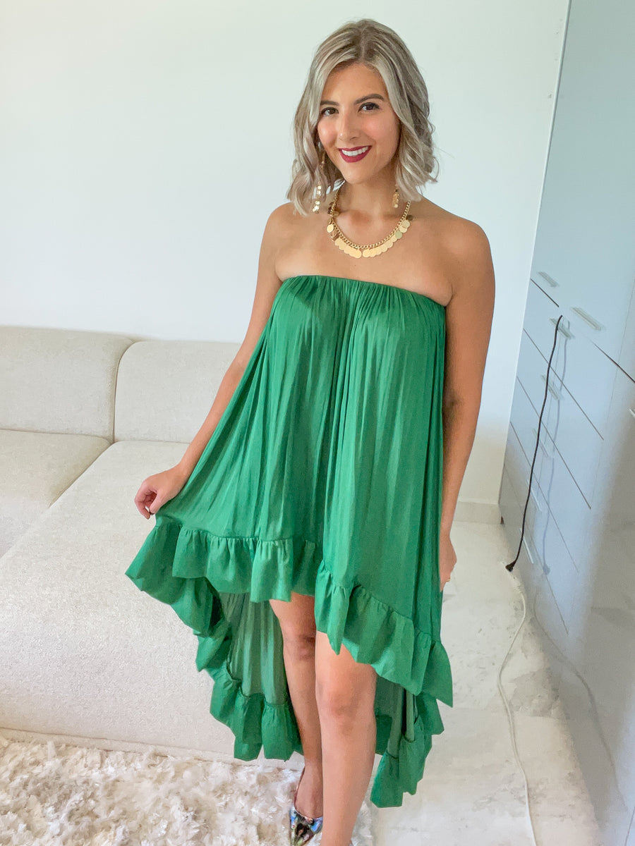 KELLY GREEN SATIN STRAPLESS HIGH LOW DRESS