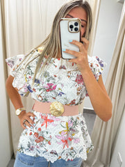 FLOWER PRINTED LACE BLOUSE