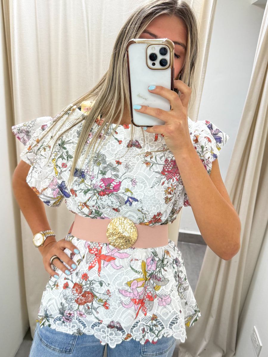 FLOWER PRINTED LACE BLOUSE