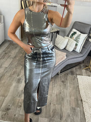 BLACK METALLIC MIDI SKIRT