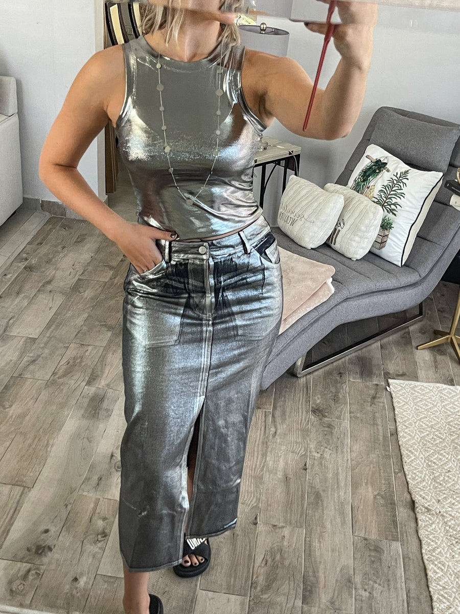 BLACK METALLIC MIDI SKIRT