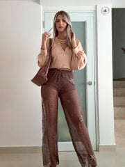 BROWN SUN BEADED SHEER HUGH WAIST PANTS