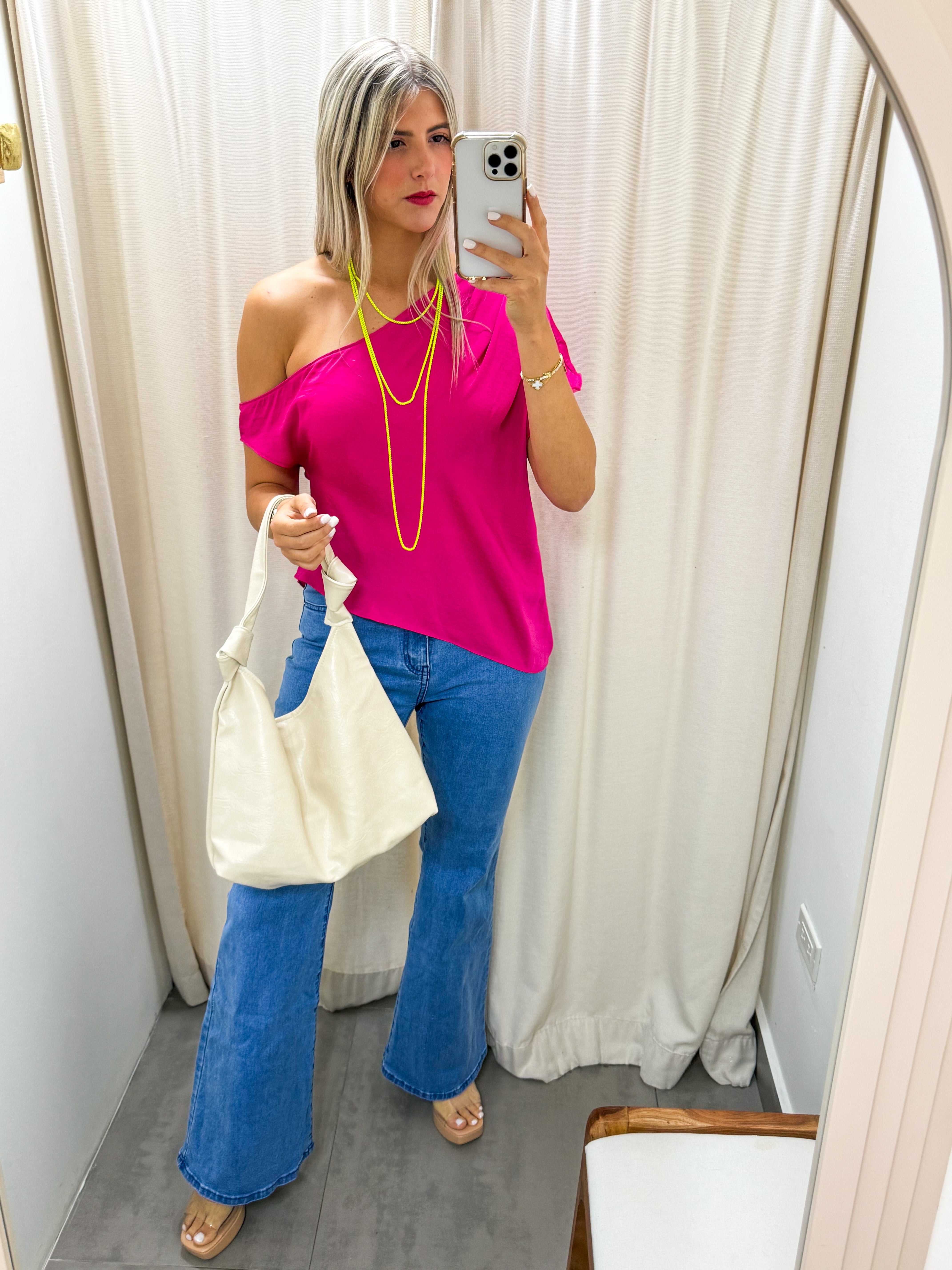 FUSCHIA OFF SHOULDER SATIN BLOUSE