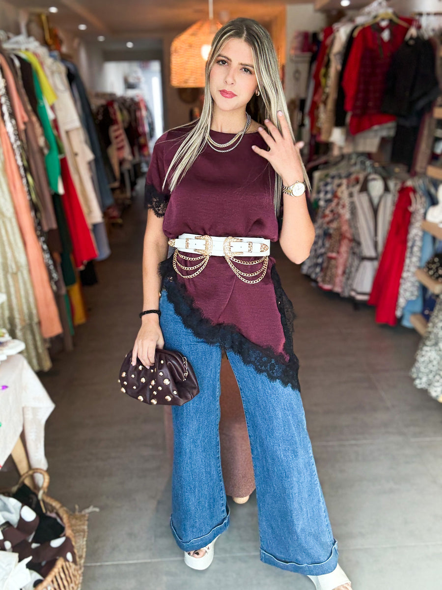 ONE SIZE SATIN LACE SHORT SLEEVE TOPS