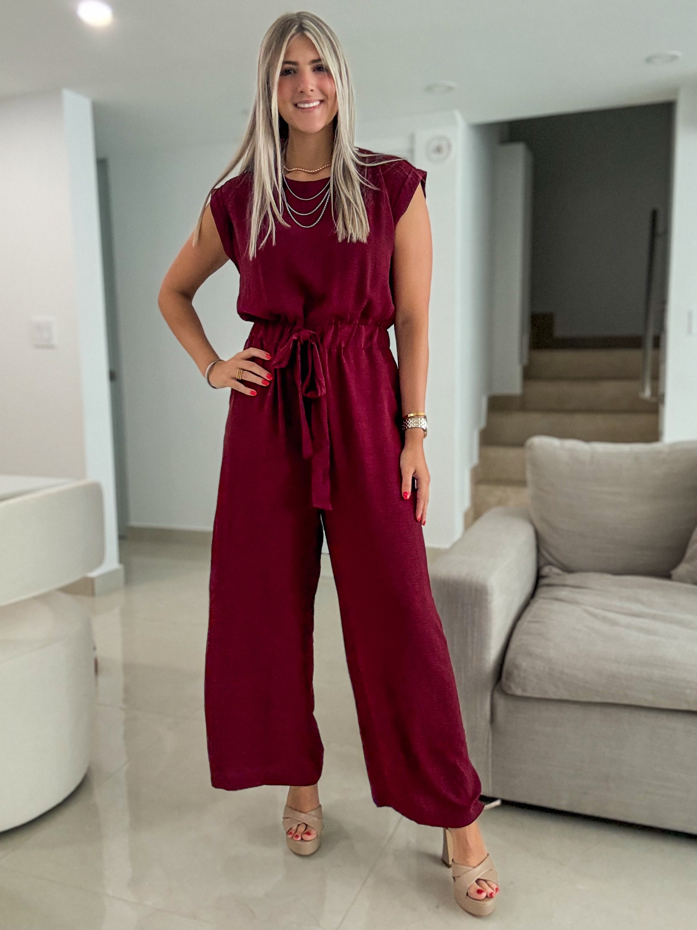 WINE SOLID JUMPSUIT