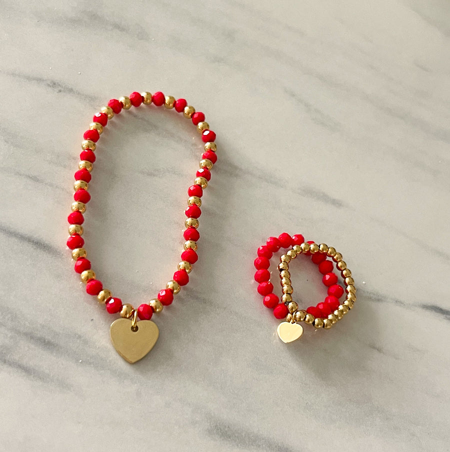 RED HEART ELASTIC BRACELET & RING SET