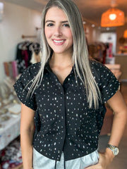 RHINESTONES BUTTONED SHORT SLEEVES TOP