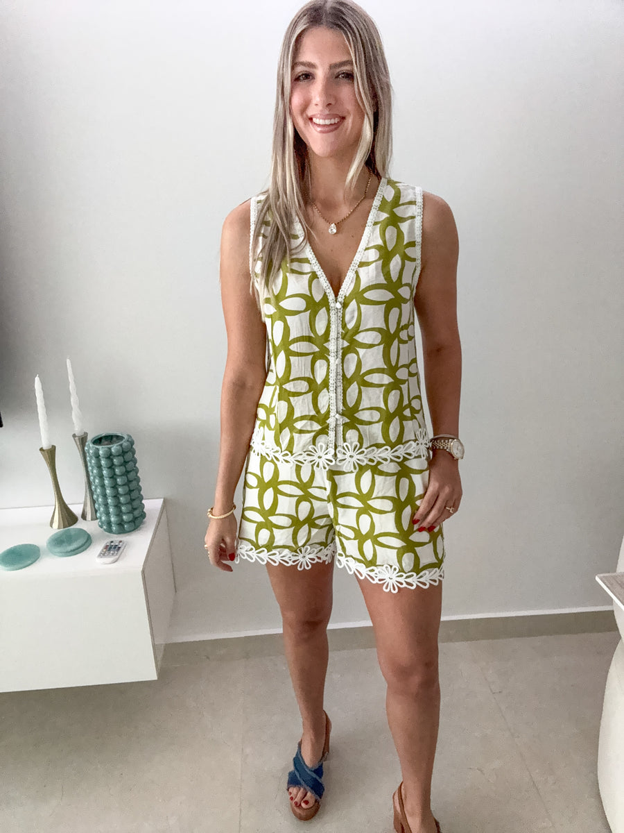 GREEN/WHITE PRINTED TOP & SHORT SET