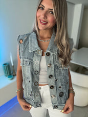 DENIM TRICOLOR METAL EYELET SLEEVELESS JACKET