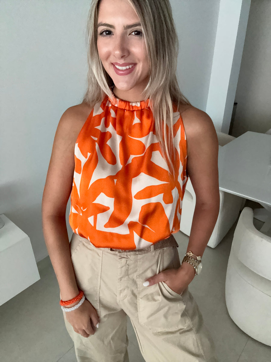 ORANGE PRINT SATIN CROP TOP