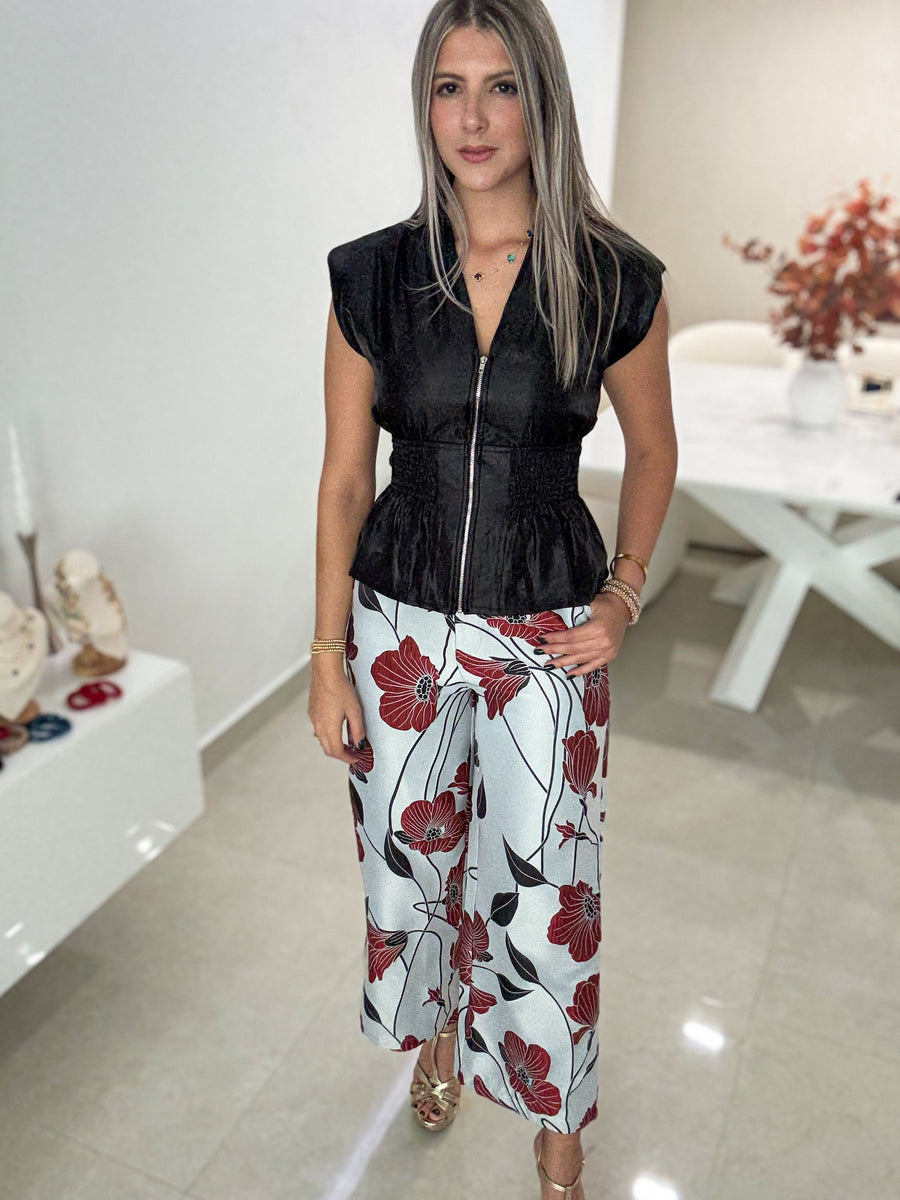 BLACK V-NECK SATIN ZIPPER BLOUSE