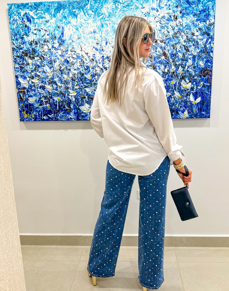 PEARL/RHINESTONES STRETCHY LONG JEANS