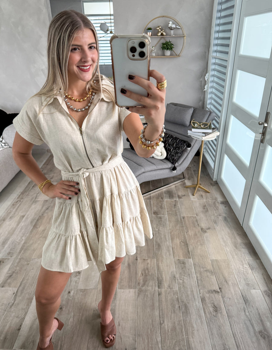 OATMEAL ZIPPER BELTED SHORT DRESS