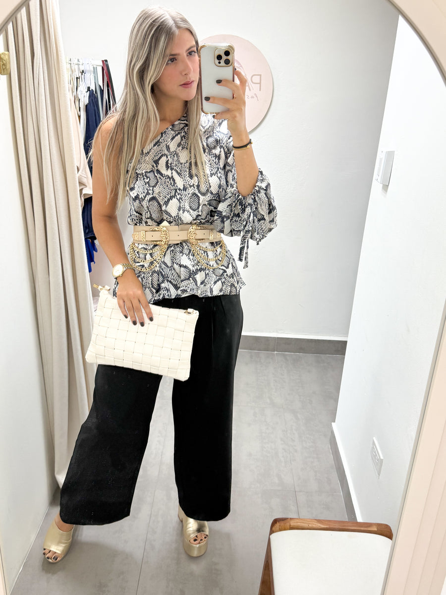 ONE SHOULDER SNAKE PRINT BLOUSE