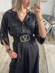 BLACK SATIN CARGO JUMPSUIT