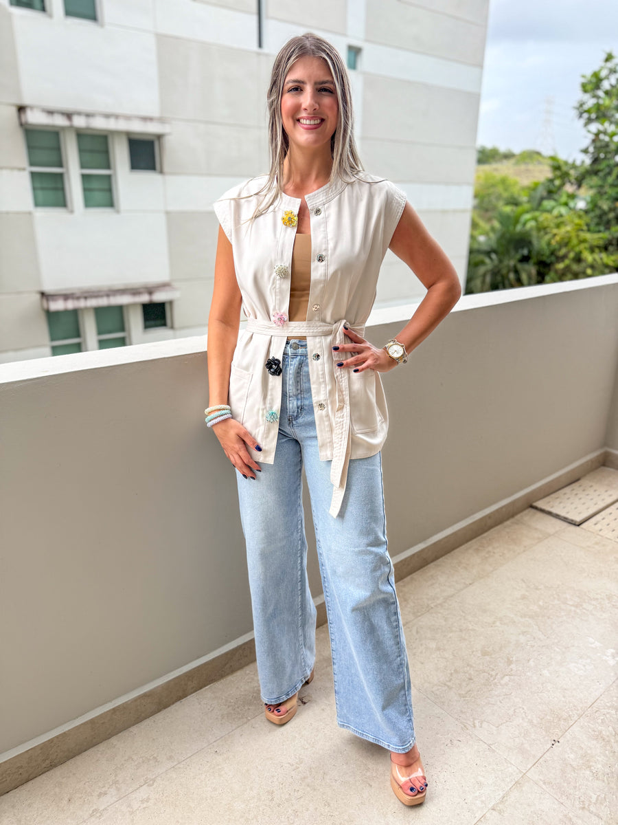 BEIGE FLOWER BUTTON TOP & PANT SET