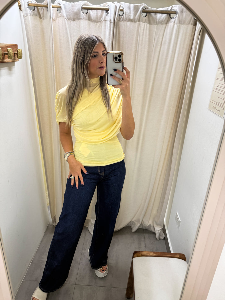 YELLOW MESH RUCHED BLOUSE