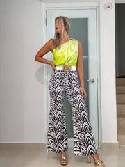 LIME/BLACK PRINT ONE SHOULDER SHIRRING JUMPSUIT