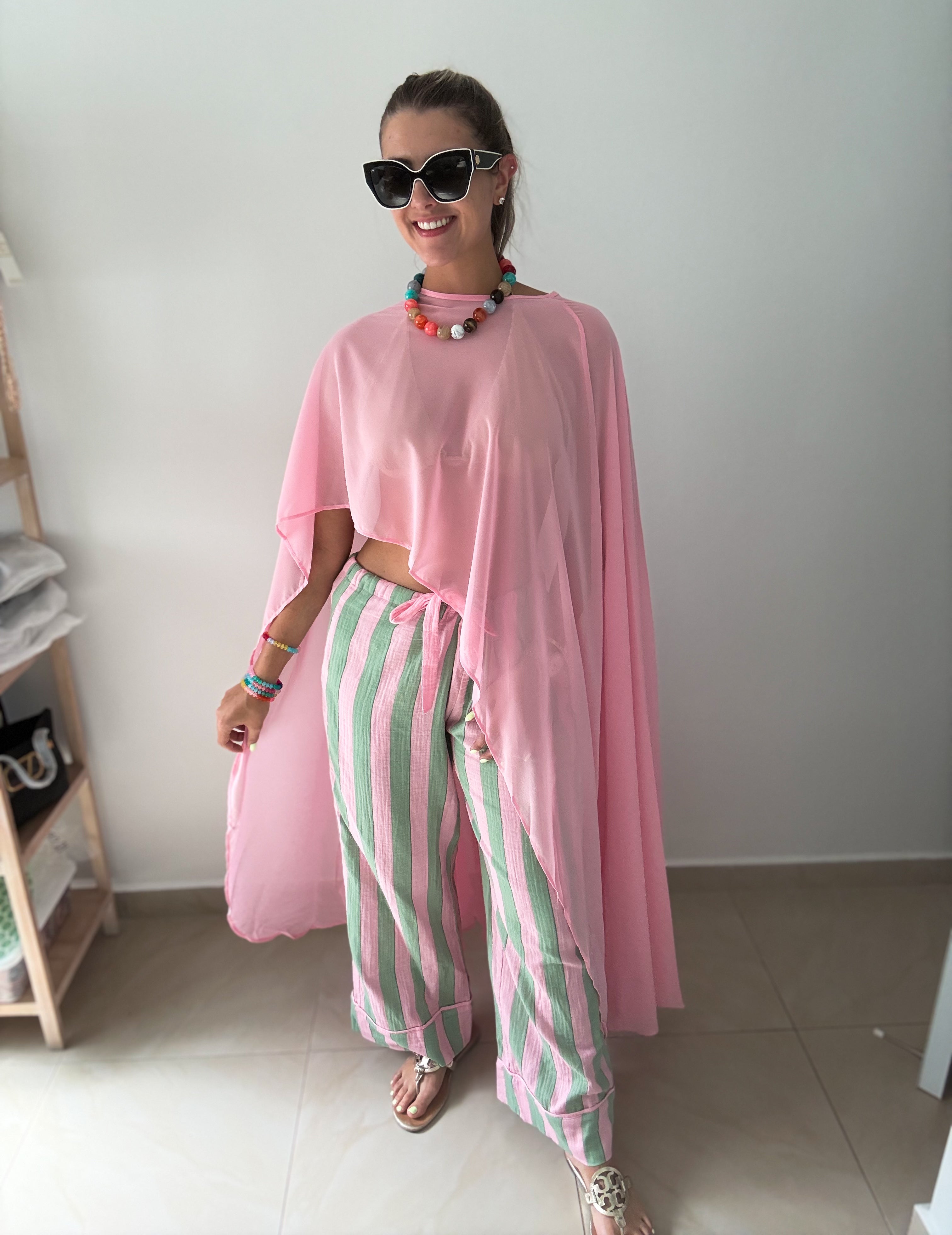 PINK/GREEN STRIPED GAUZE PANTS