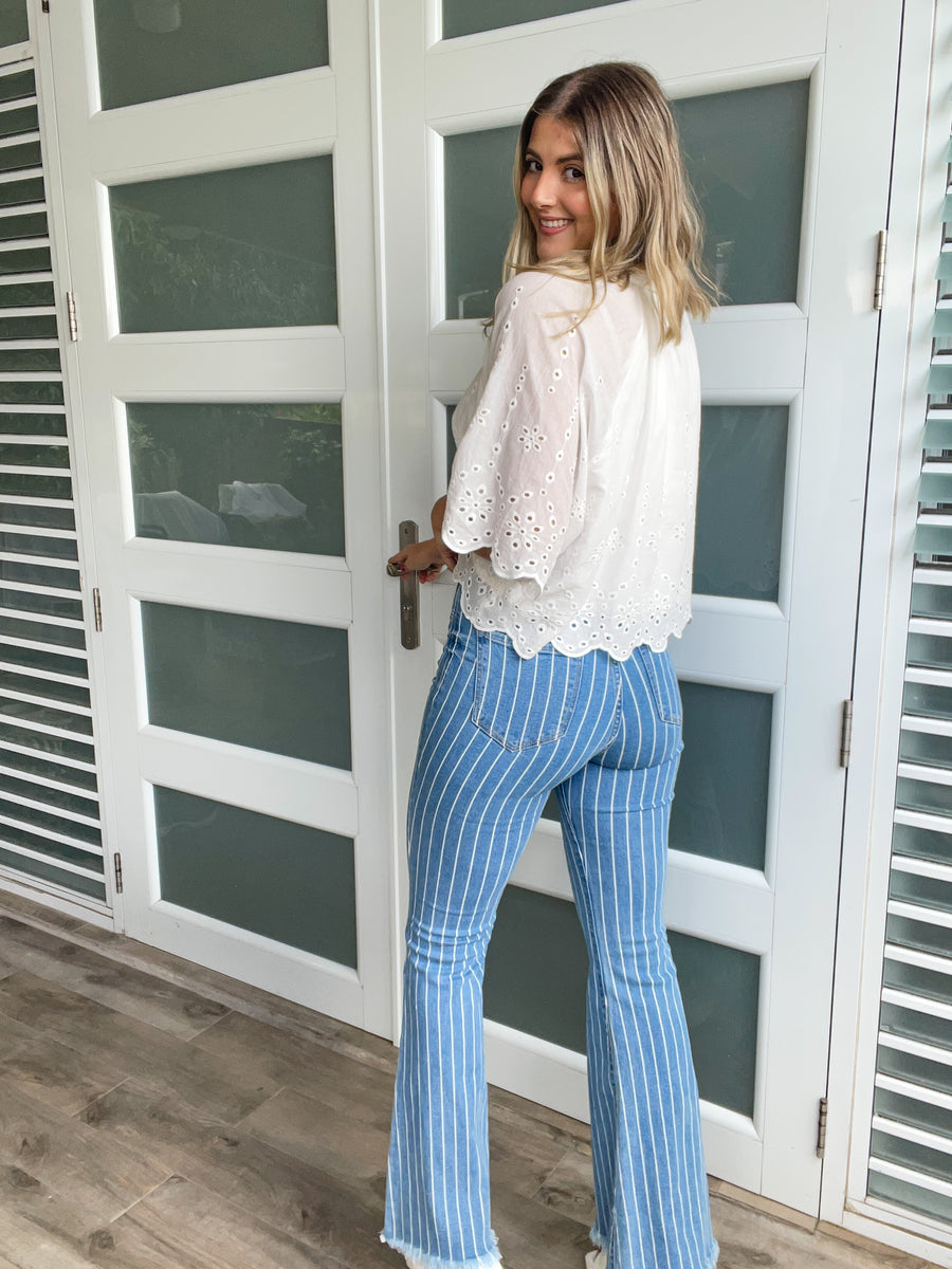 DENIM STRIPED FLARE JEANS