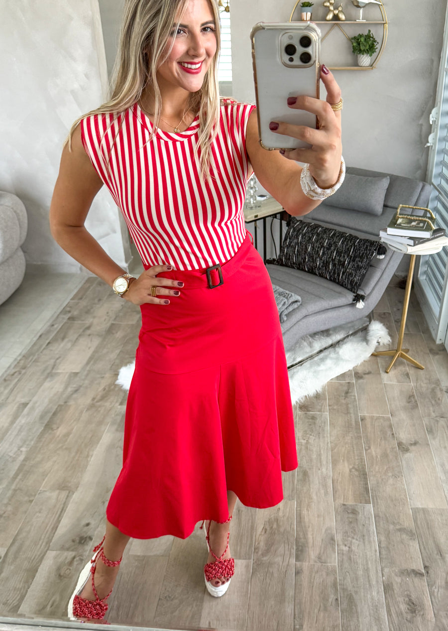 RED STRIPED BELTED DRESS