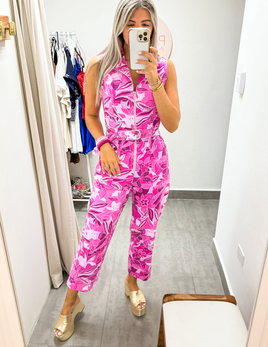 MAGENTA TROPICAL STRETCH JUMPSUIT
