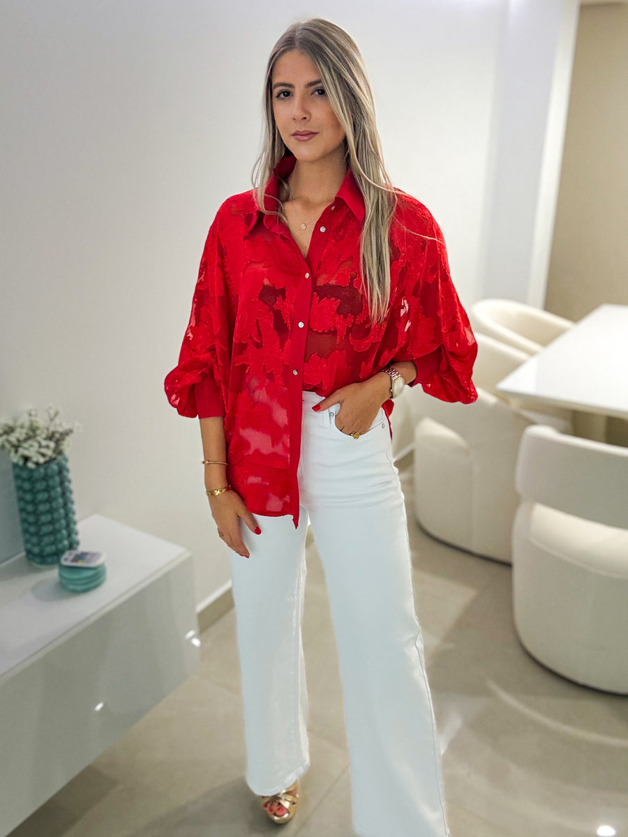 RED SATIN EMBROIDED DETAIL BLOUSE