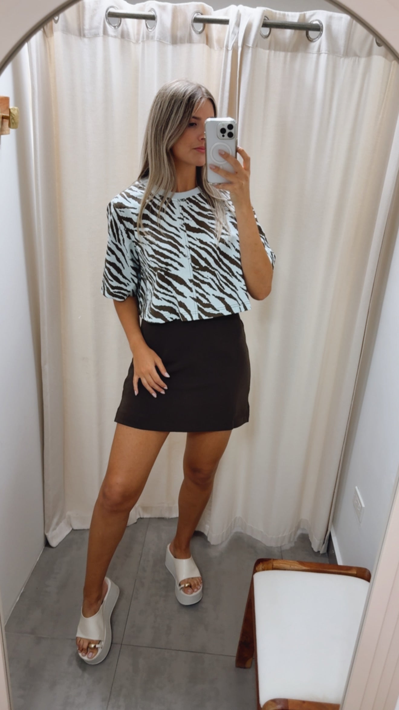 BABY BLUE/CHOCOLATE ZEBRA PRINT CROP BLOUSE