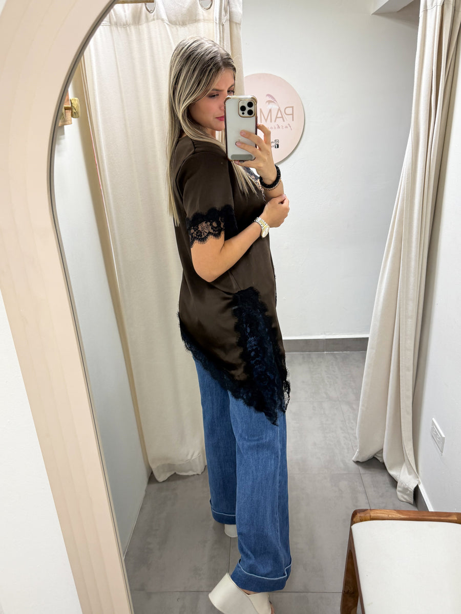 ONE SIZE SATIN LACE SHORT SLEEVE TOPS