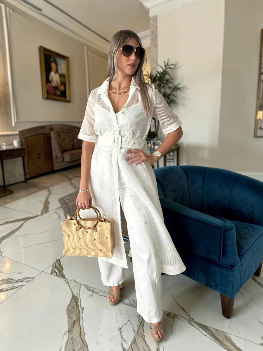 WHITE BELTED MESH DRESS