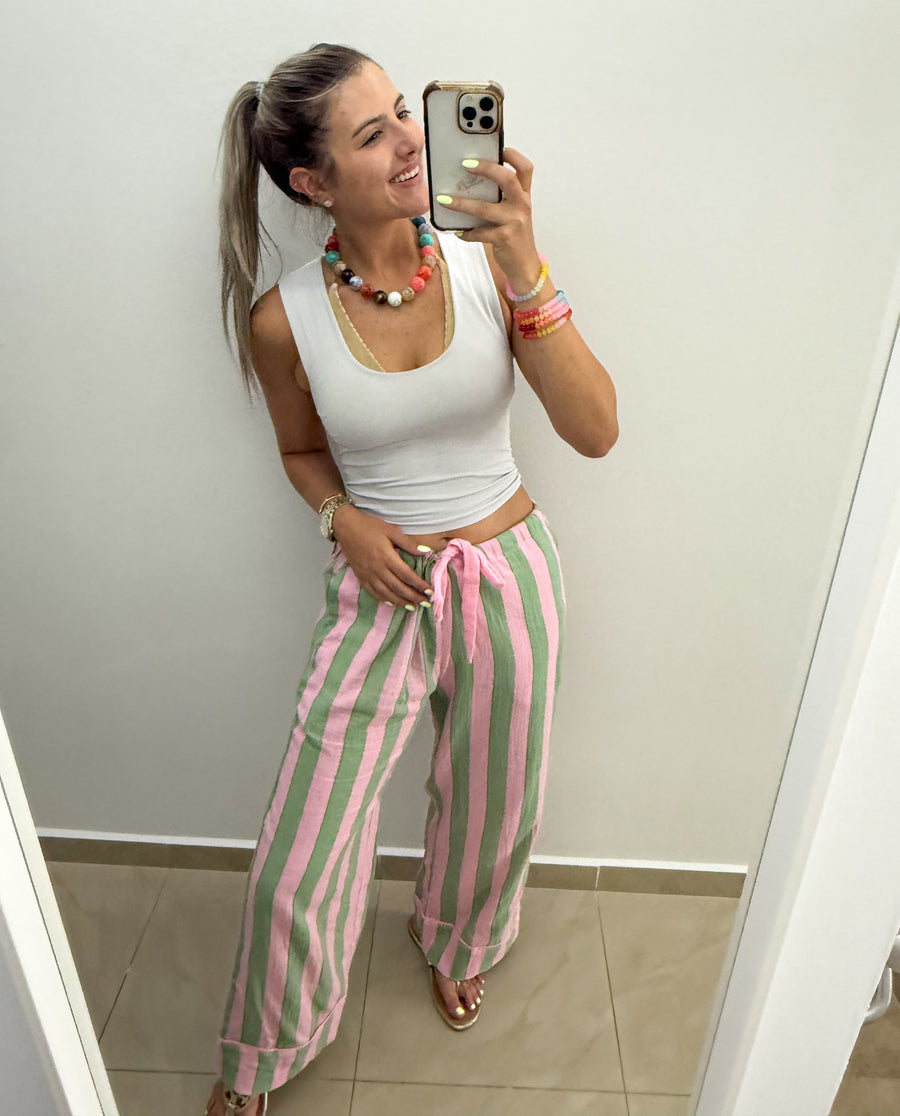 PINK/GREEN STRIPED GAUZE PANTS