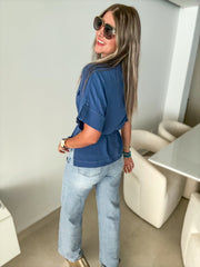 DENIM BLUE ROPE BELTED BLOUSE