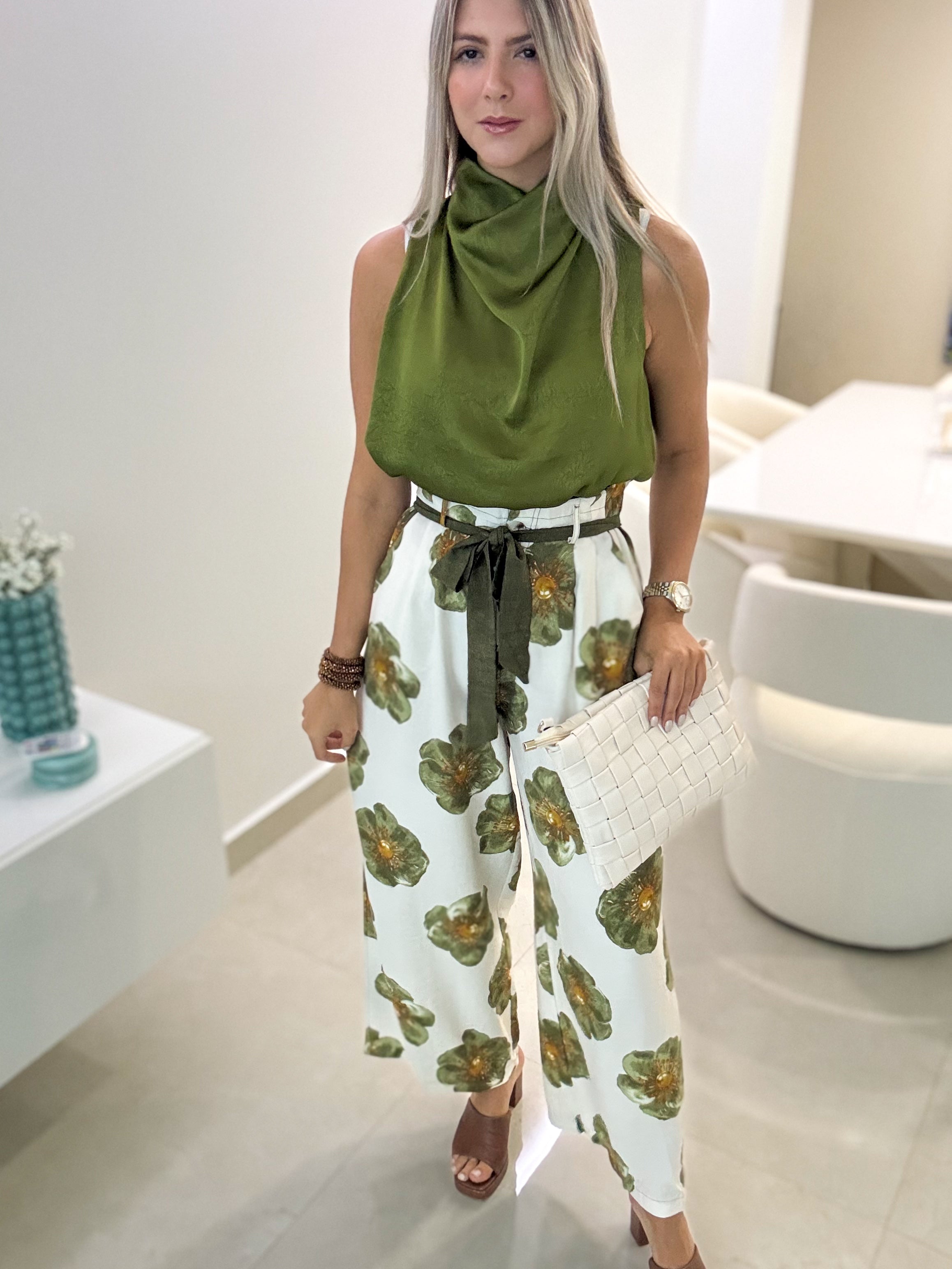 OLIVE PRINTED LONG PANTS