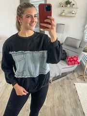 BLACK DENIM PATCH SWEATER