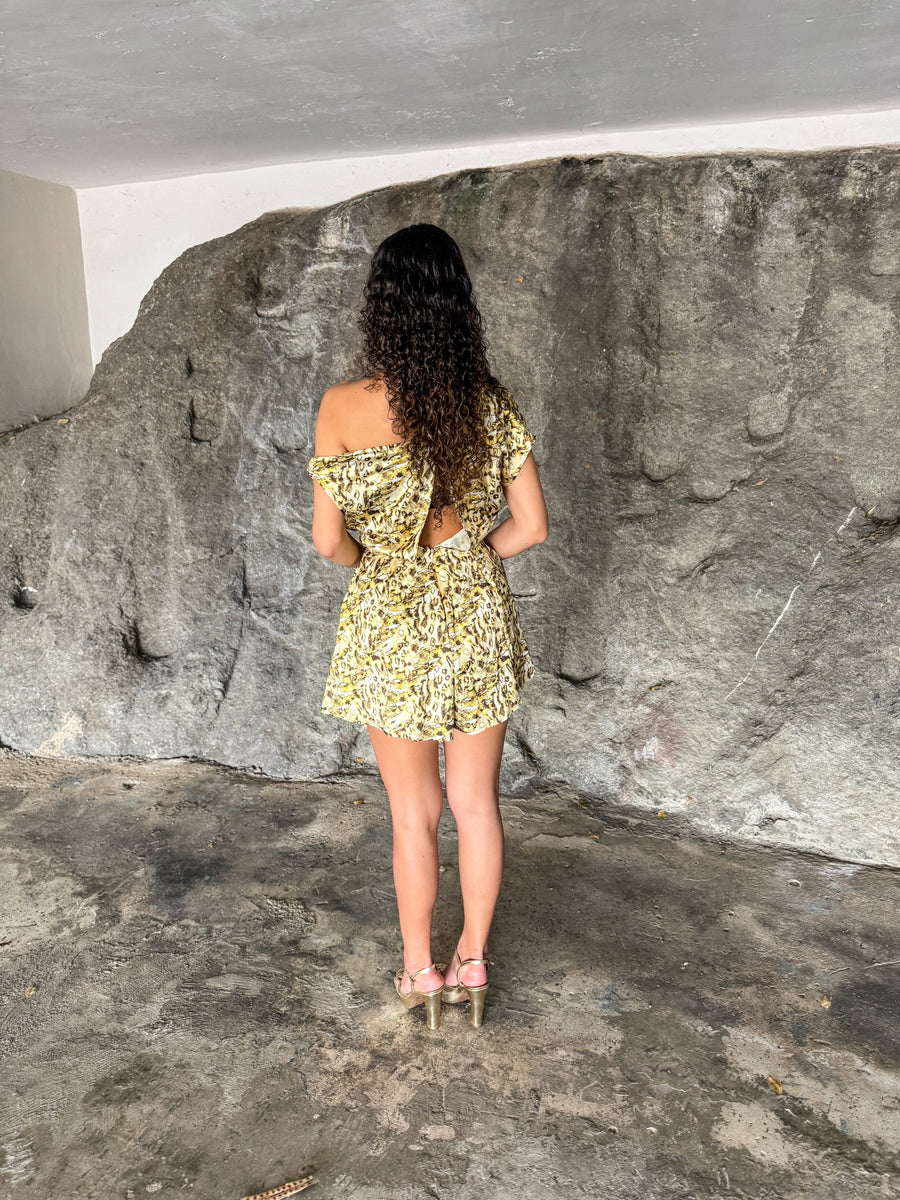 SATIN MUSTARD LEOPARD PRINT ROMPER