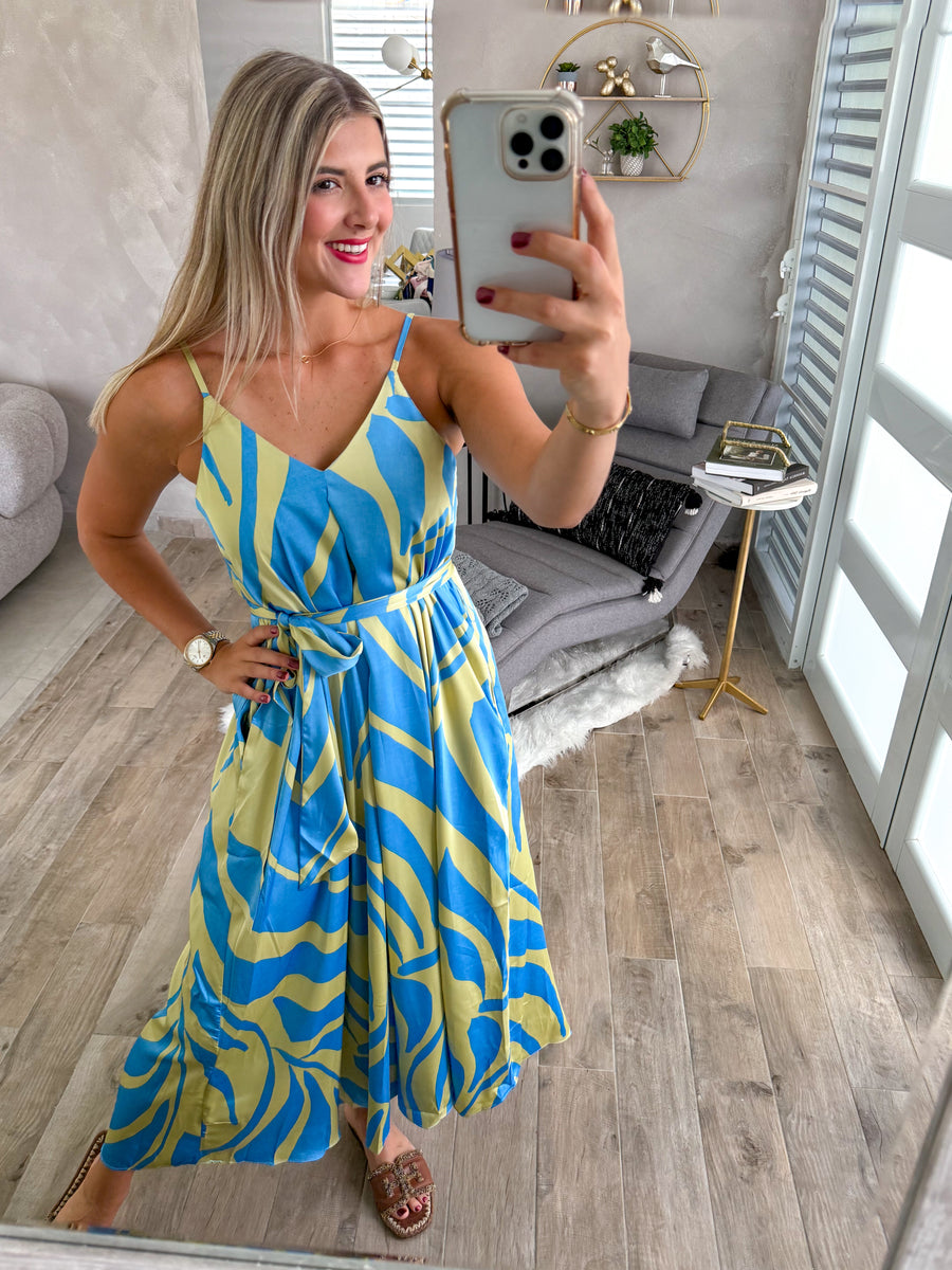BLUE/GREEN SILKY MAXI DRESS