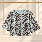 BABY BLUE/CHOCOLATE ZEBRA PRINT CROP BLOUSE