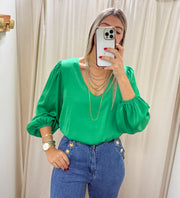 GREEN SILKY V-NECK BLOUSE