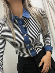 BLACK STRIPED DENIM LONG SLEEVE TRIM TOP