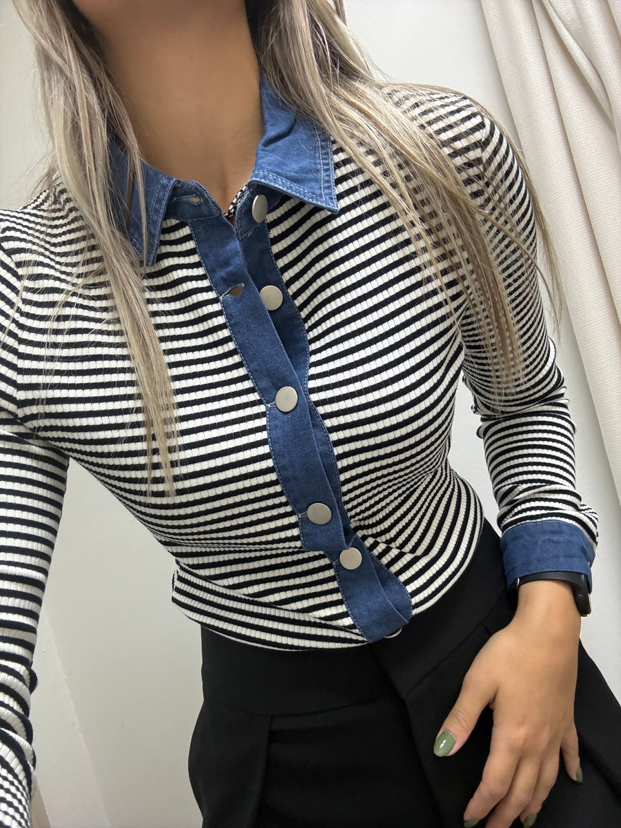 BLACK STRIPED DENIM LONG SLEEVE TRIM TOP