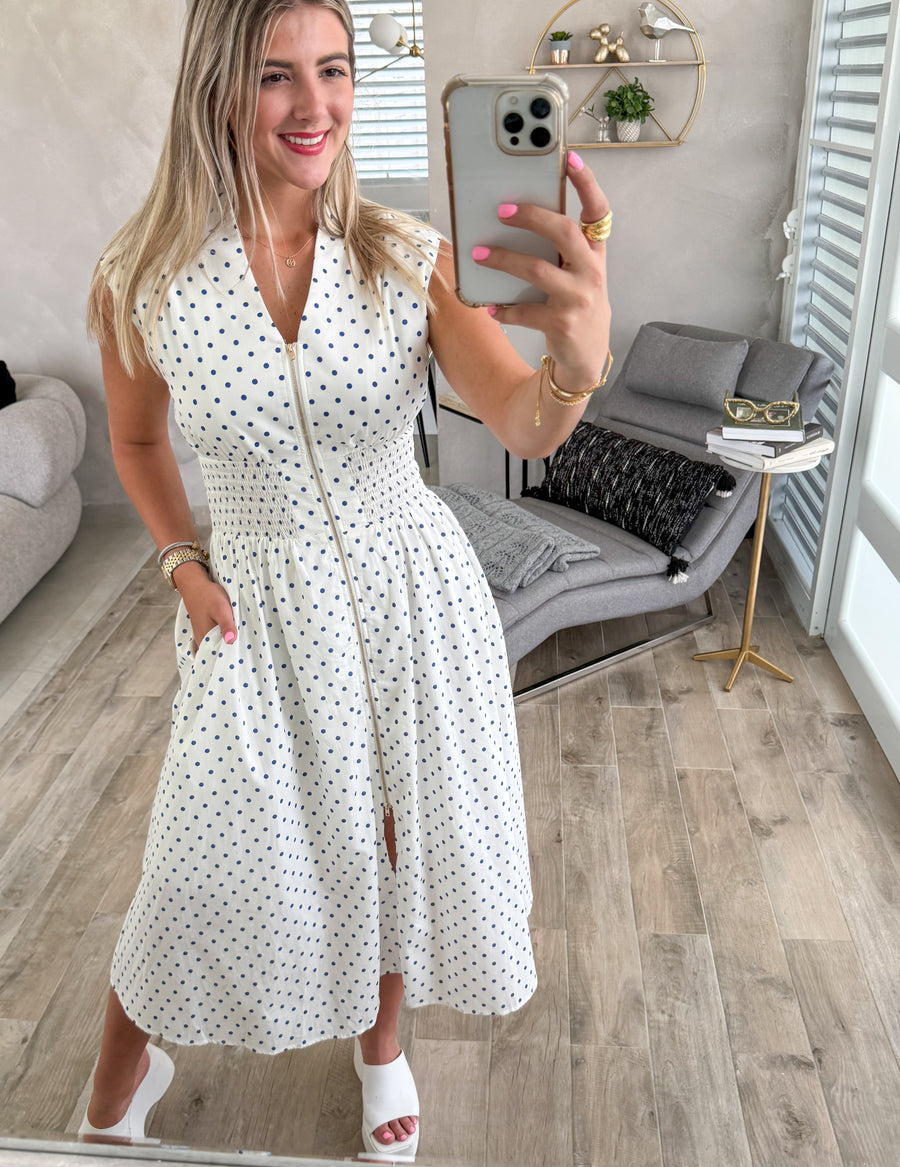 CREAM BLUE POLKA DOT ZIPPER DRESS