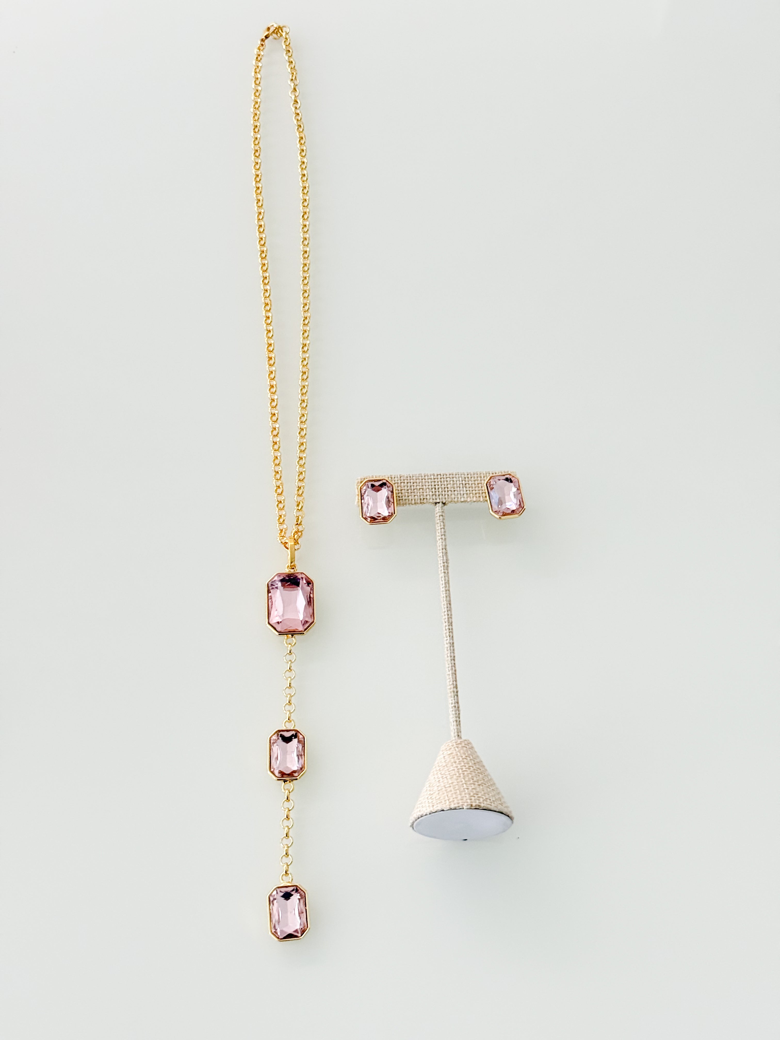 LONG GEM SQUARE NECKLACE SET ALL PINK