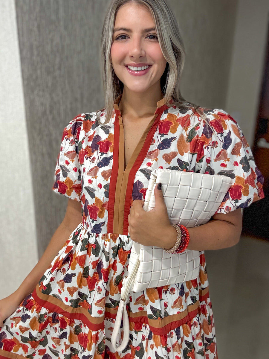FALL COLORS PRINTED SHORT SLEEVES DRESS
